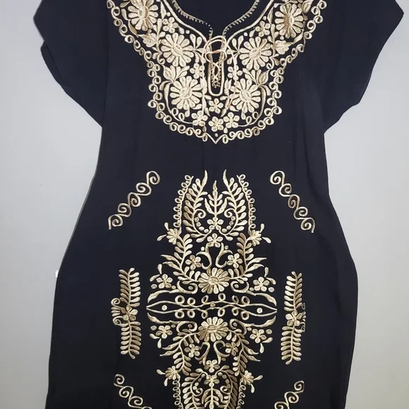 Mexican Elegant Black and Gold Embroidered Midi Dress - Picture 2 of 15